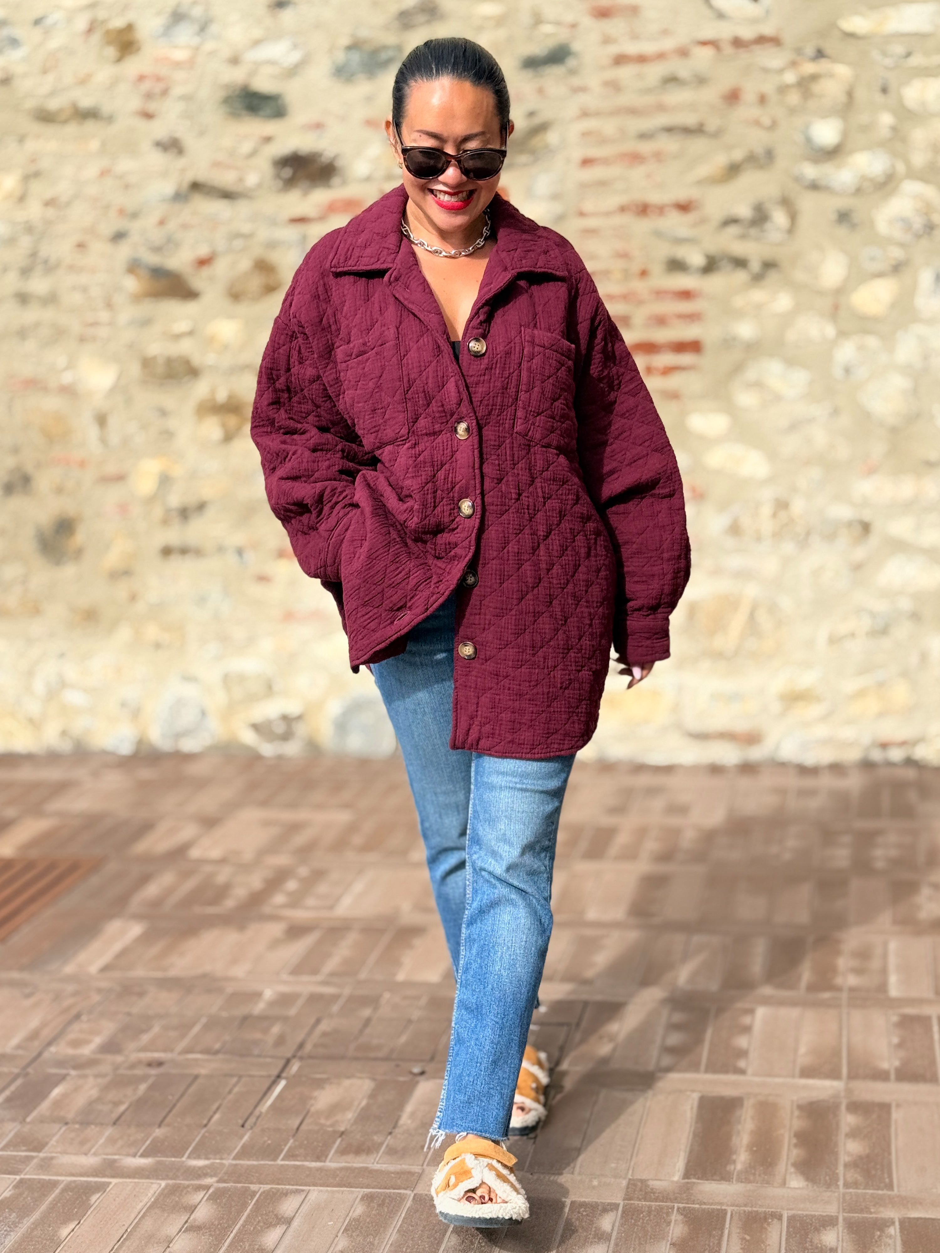 Gefütterte Oversize Musselin Overshirt Jacke - Burgundy