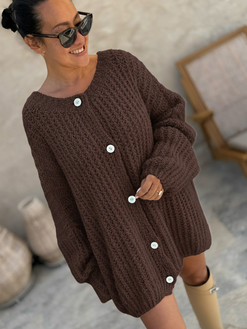 Oversize Bouclé Grob Strickjacke - Schoko