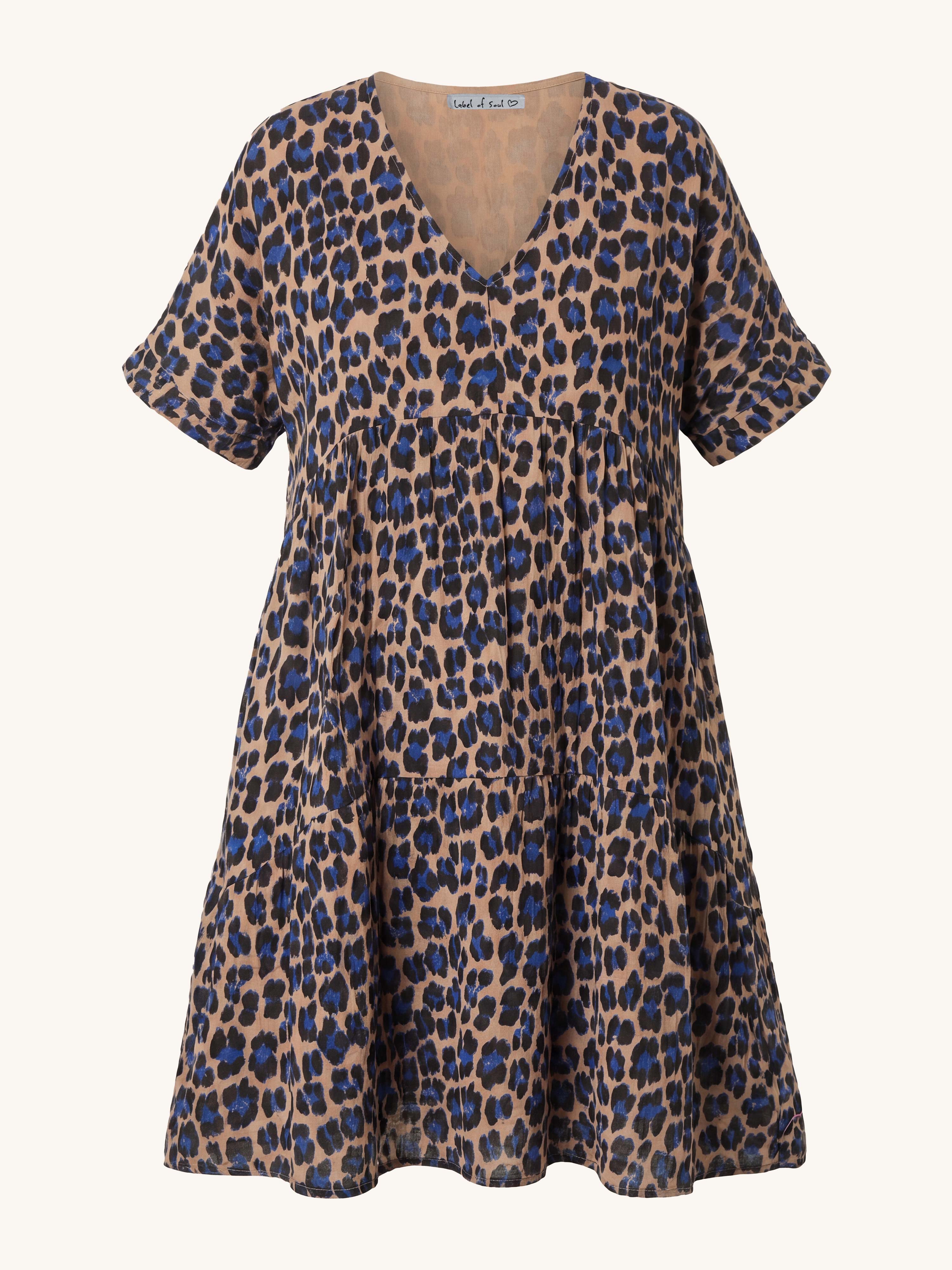 Musselin Tunika Long mit V-Ausschnitt - Leo Royalblau/Camel