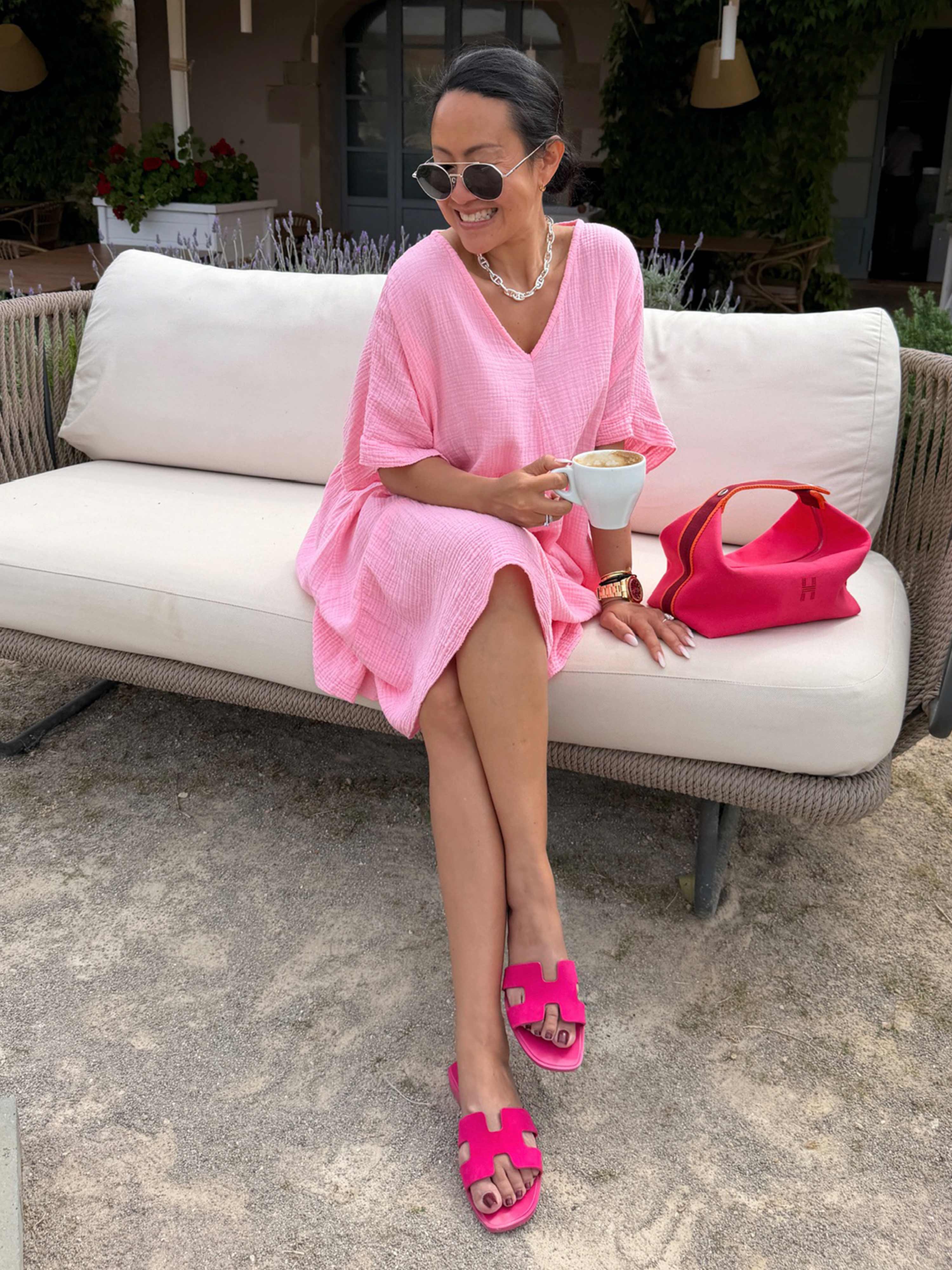 Musselin Tunika Midi mit V-Ausschnitt - Babyrosa