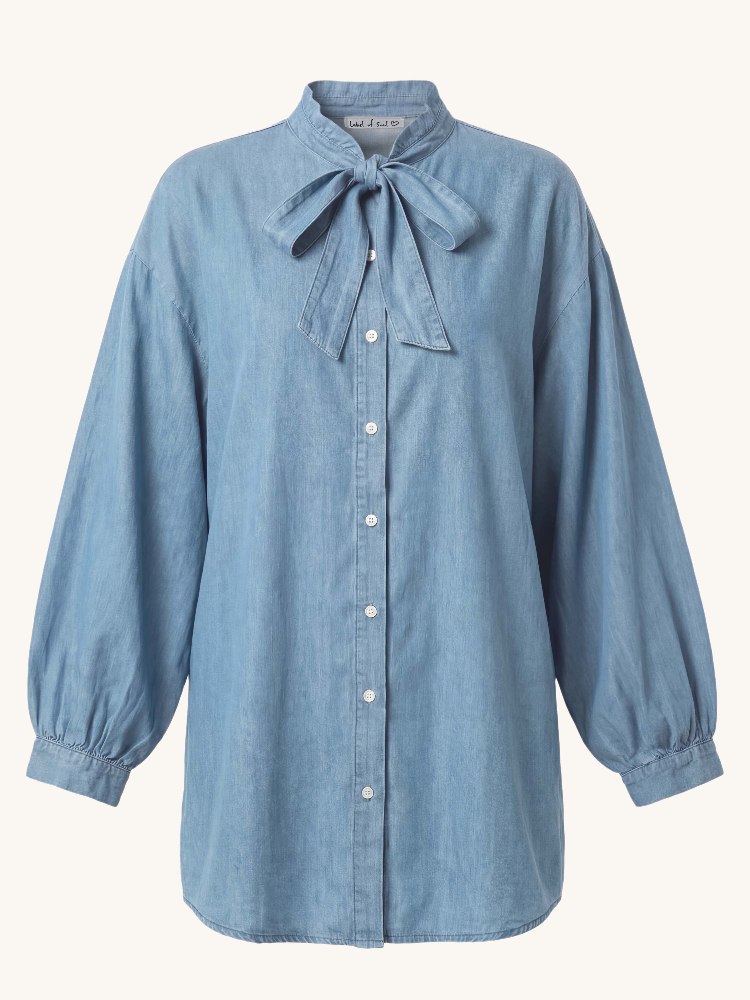 Lyocell Long Bluse mit Schleife - Blue