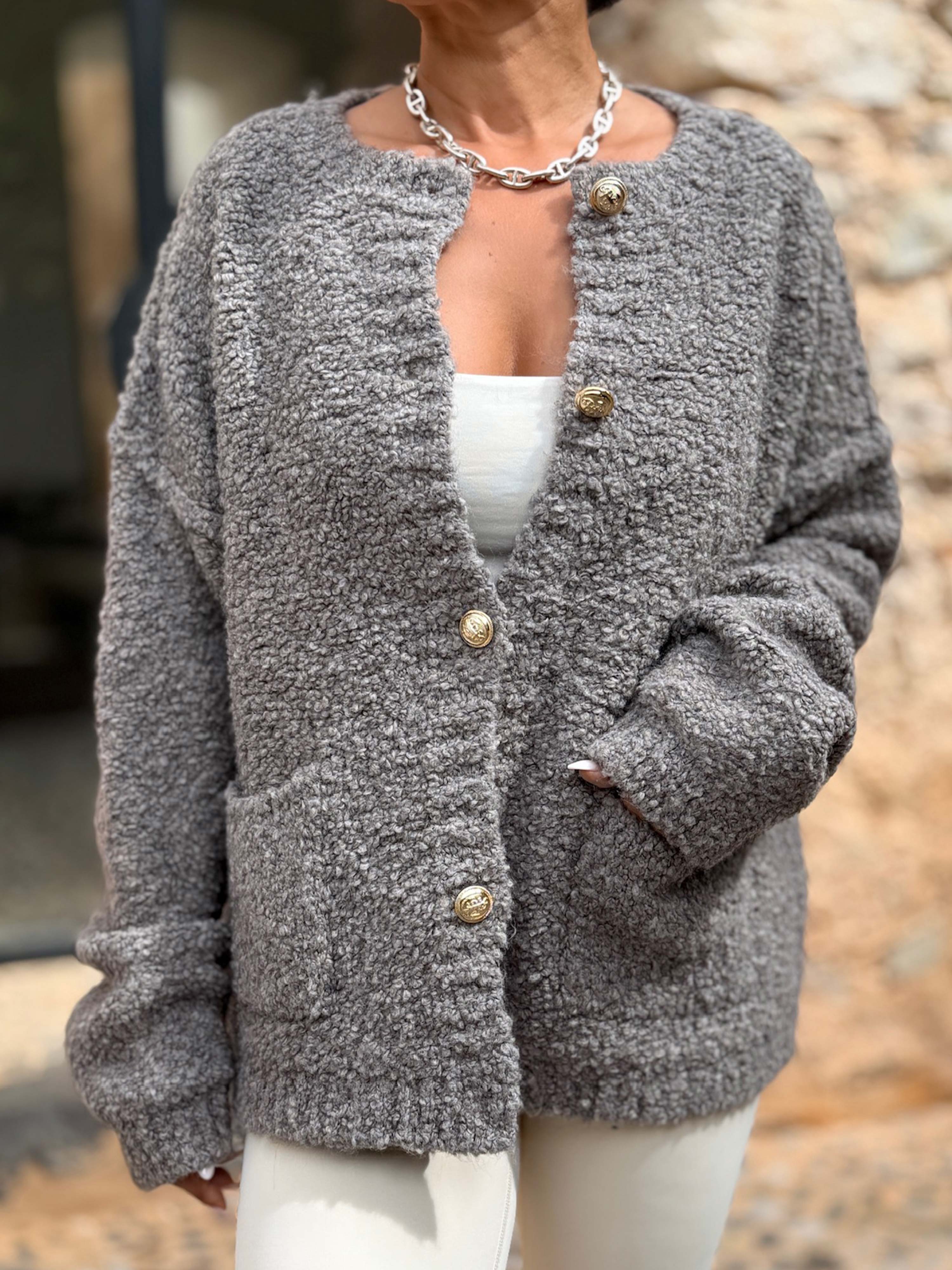 PREMIUM Bouclé Cardigan - Taupe