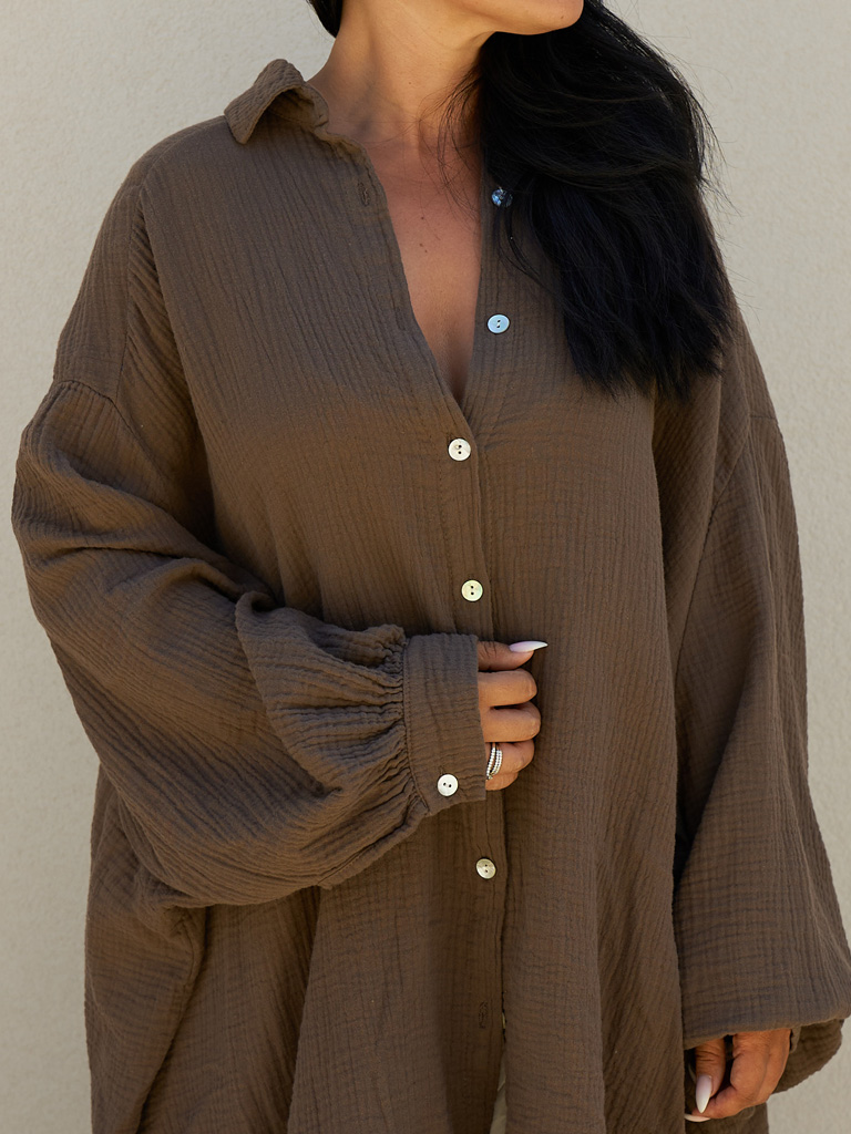Musselin Midi Oversize Bluse - Braun