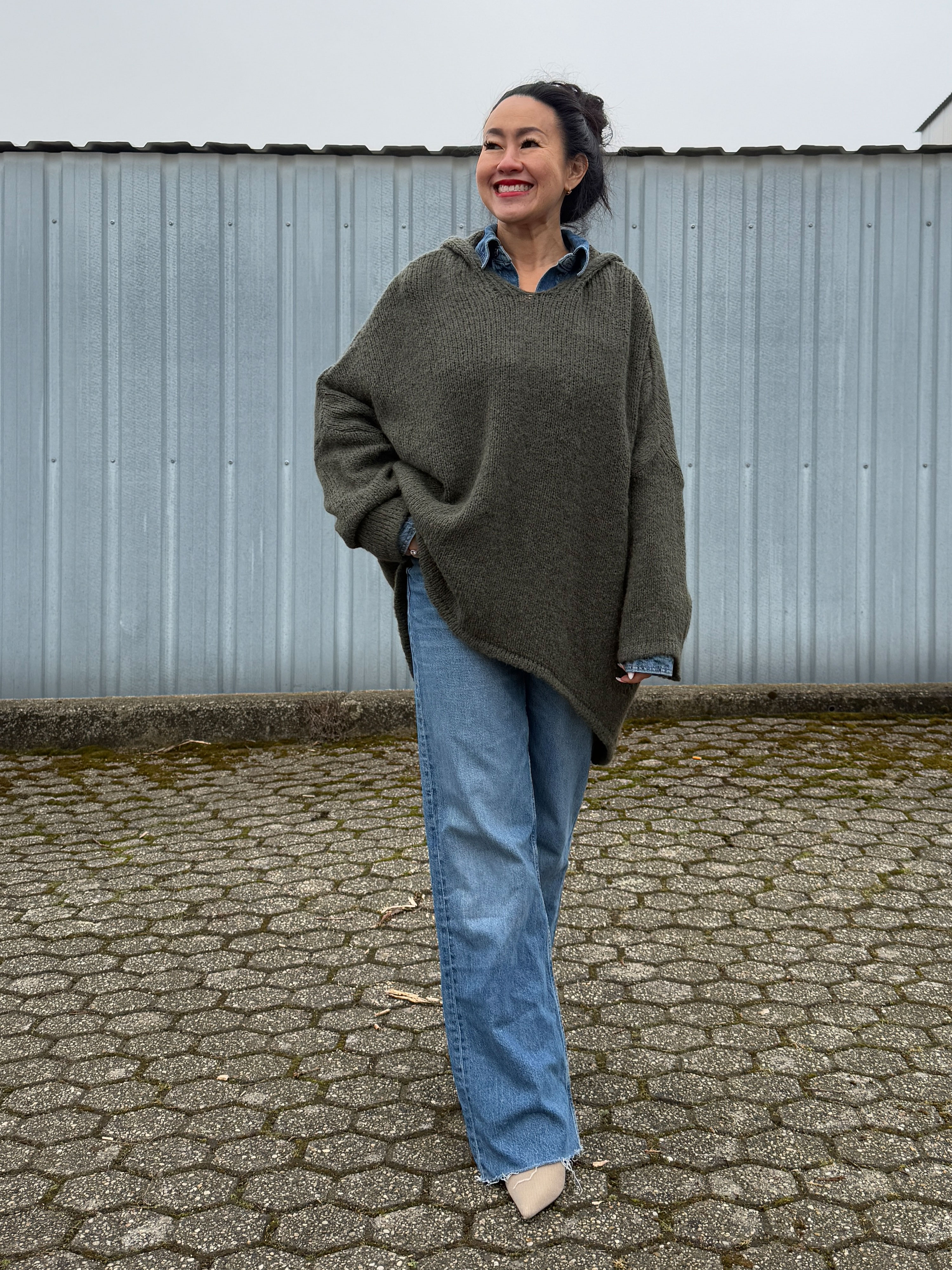Oversize Vokuhila Hoodie Strickpullover - Olive