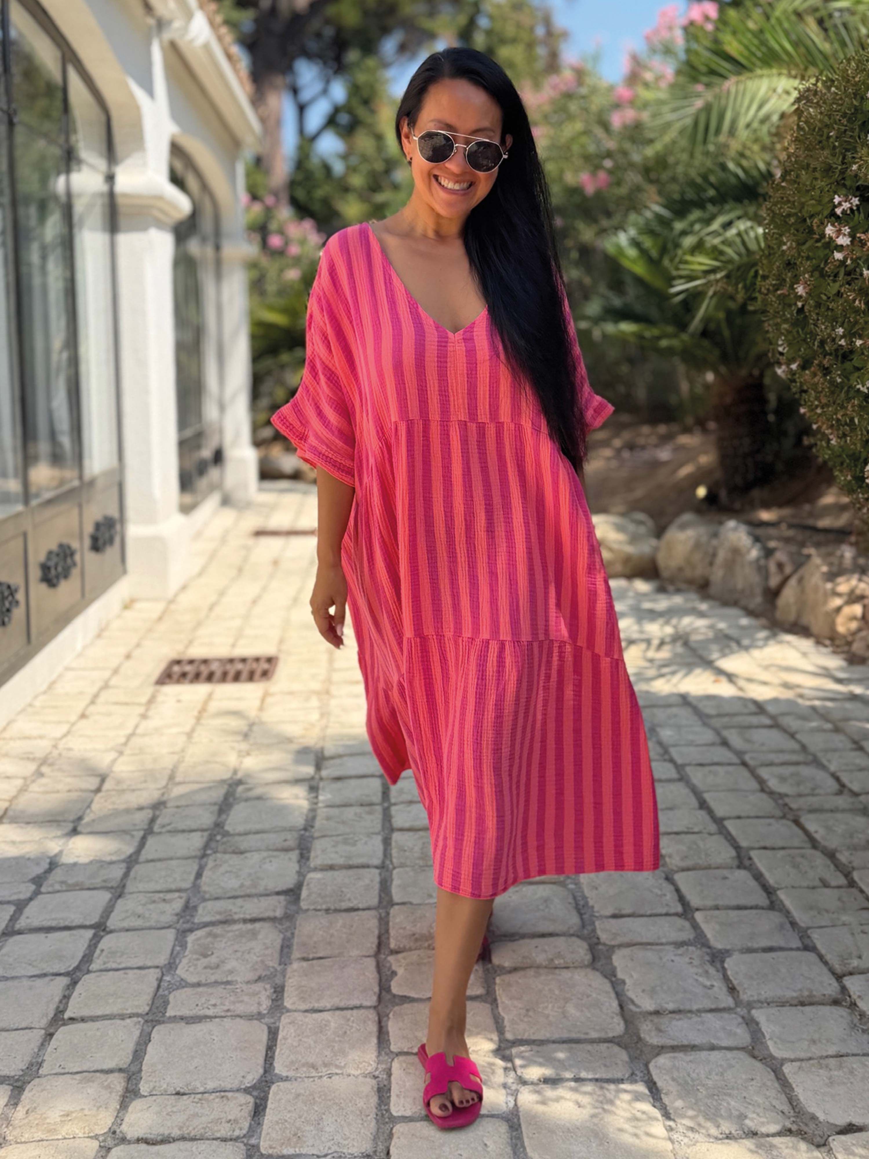 Musselin Tunika Long mit V-Ausschnitt - STRIPES Flamingo Kiss