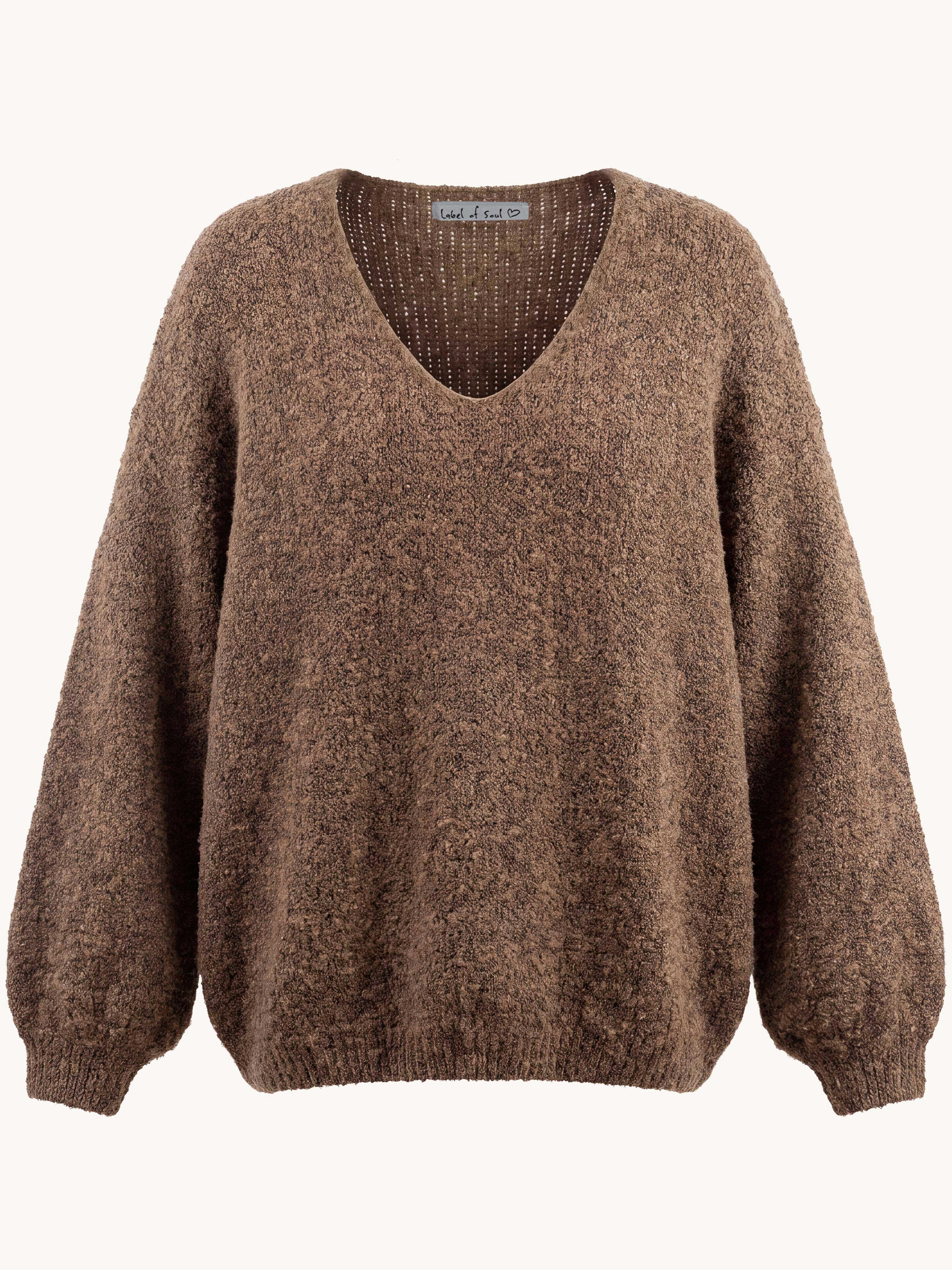 Oversize V-Ausschnitt Bouclé Strickpullover - Fango
