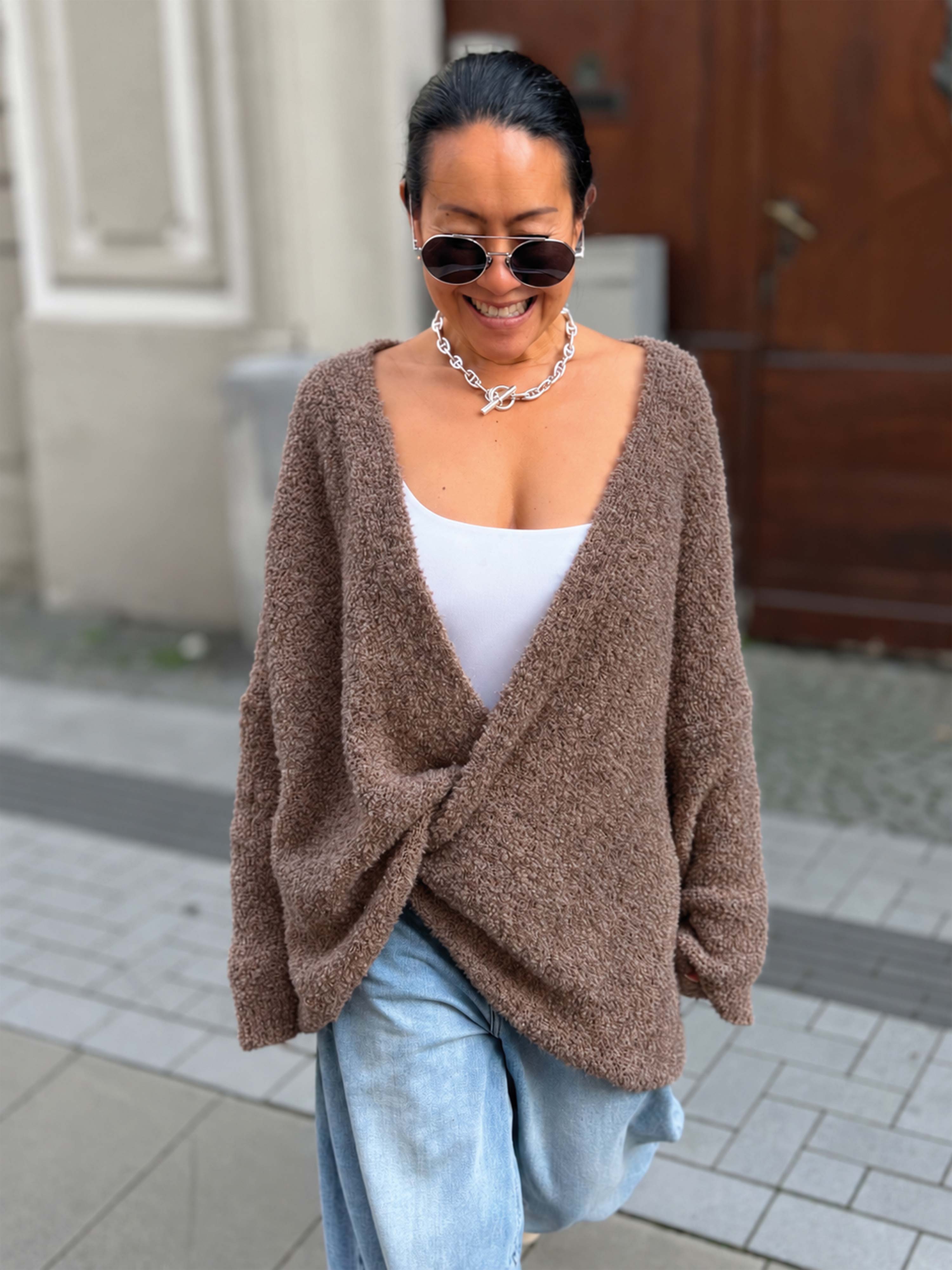Oversize Bouclé Cardigan - Fango