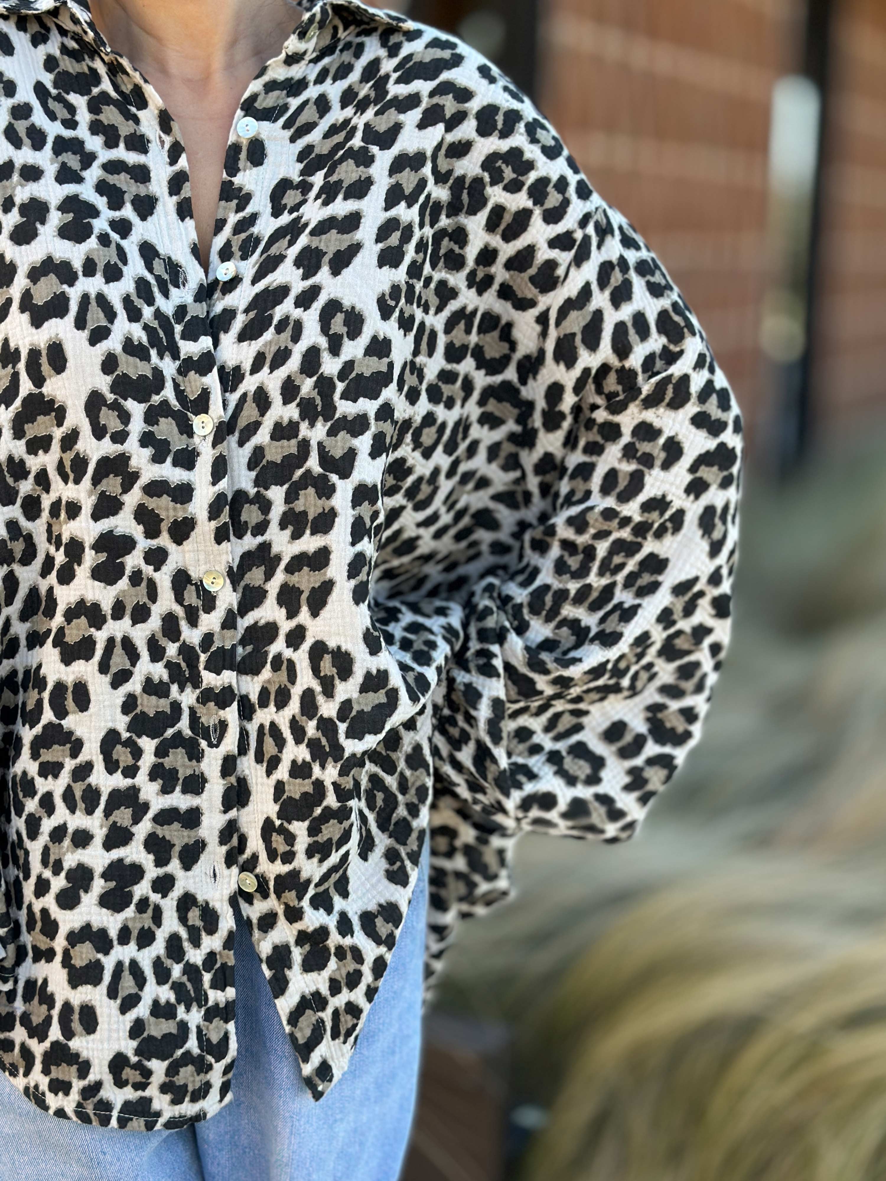 Musselin Midi Oversize Bluse - LEOPARD - Beige