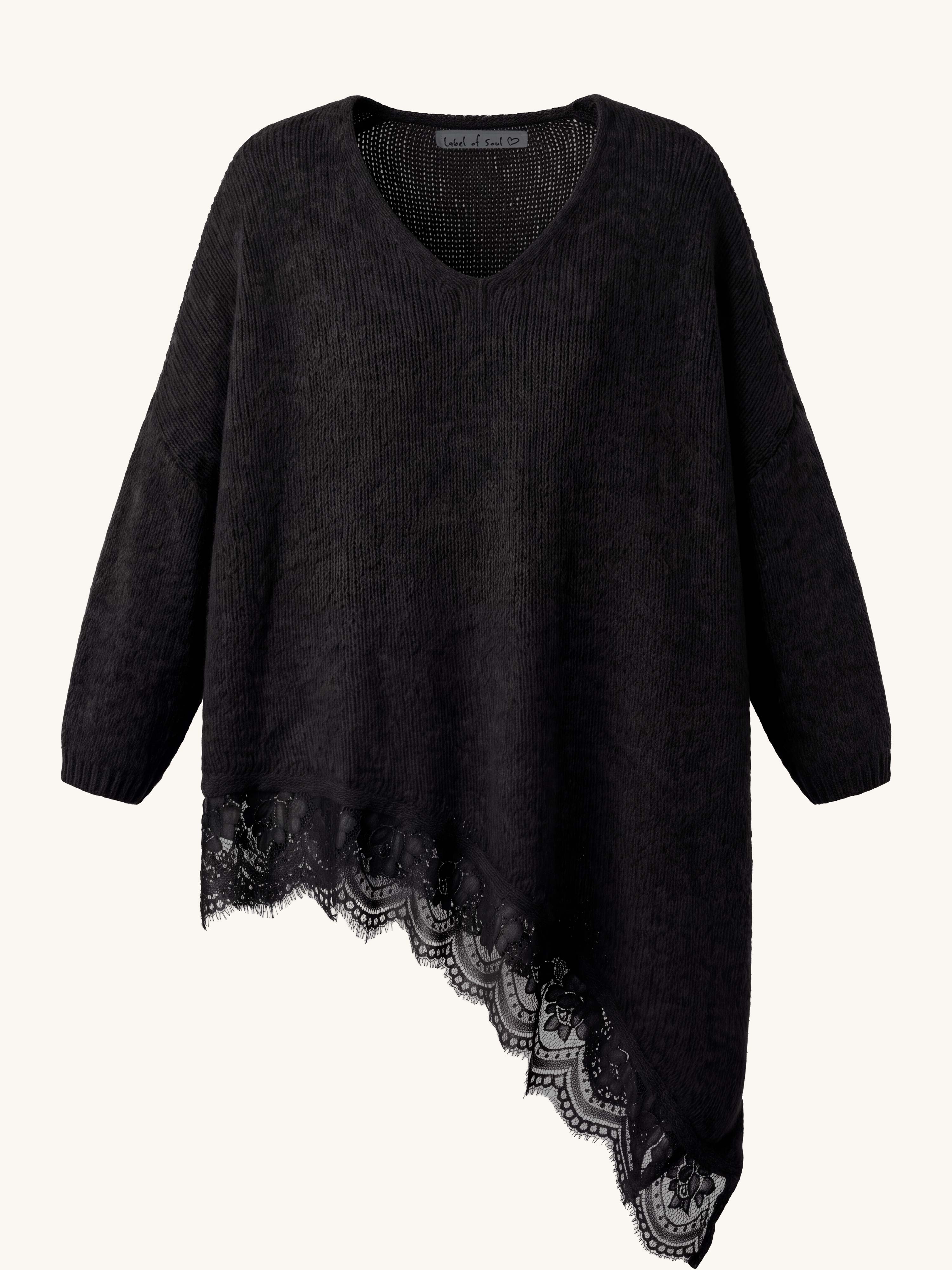 Oversize Strickpullover mit Spitzensaum - FLAUSCHI - Schwarz