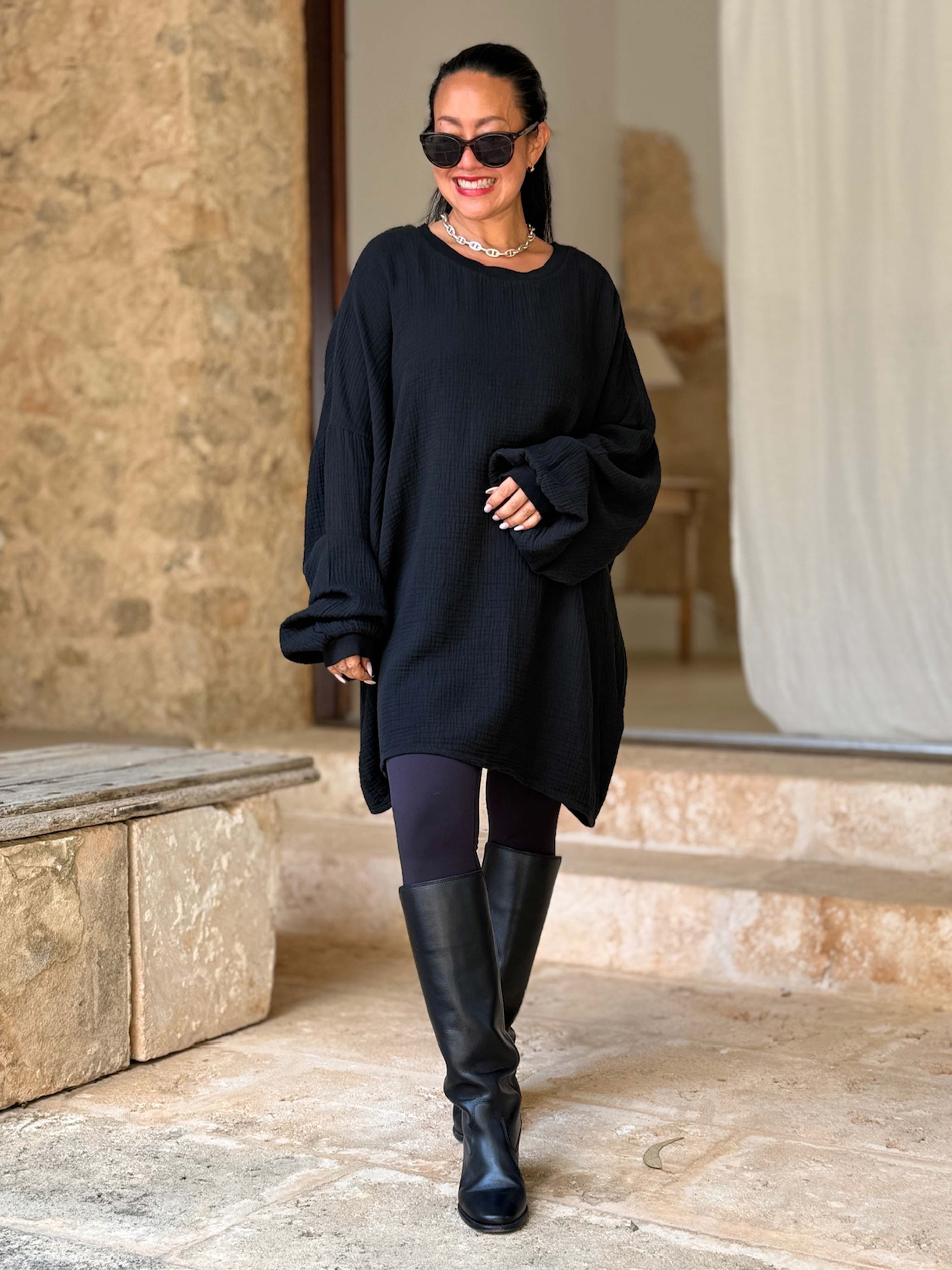 Musselin Oversize Sweatshirt - Schwarz