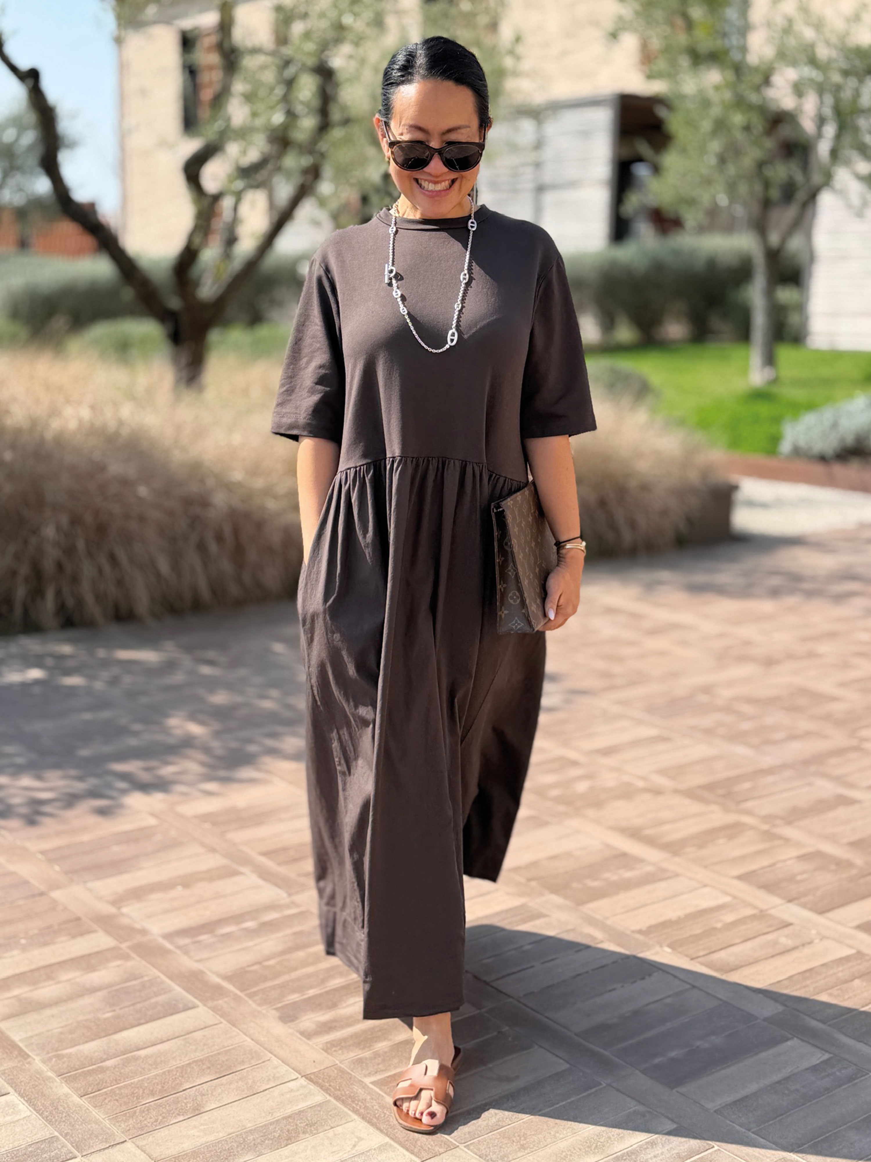 Kurzarm Cotton Kleid mit Seitentaschen - ONESIZE - Schoko