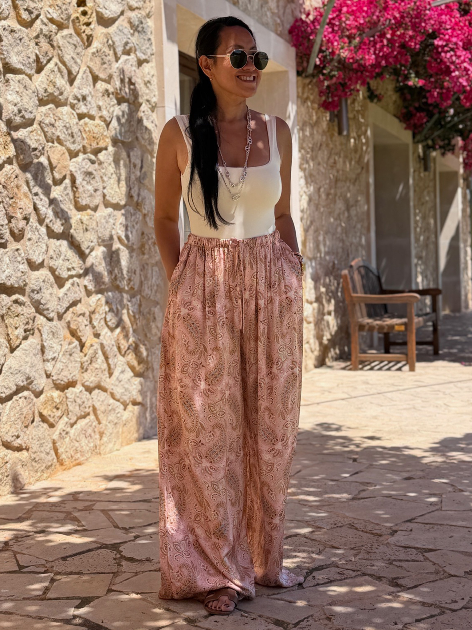 Viskose Palazzo Oversize Hose mit Seidenanteil - Paisley Rosa