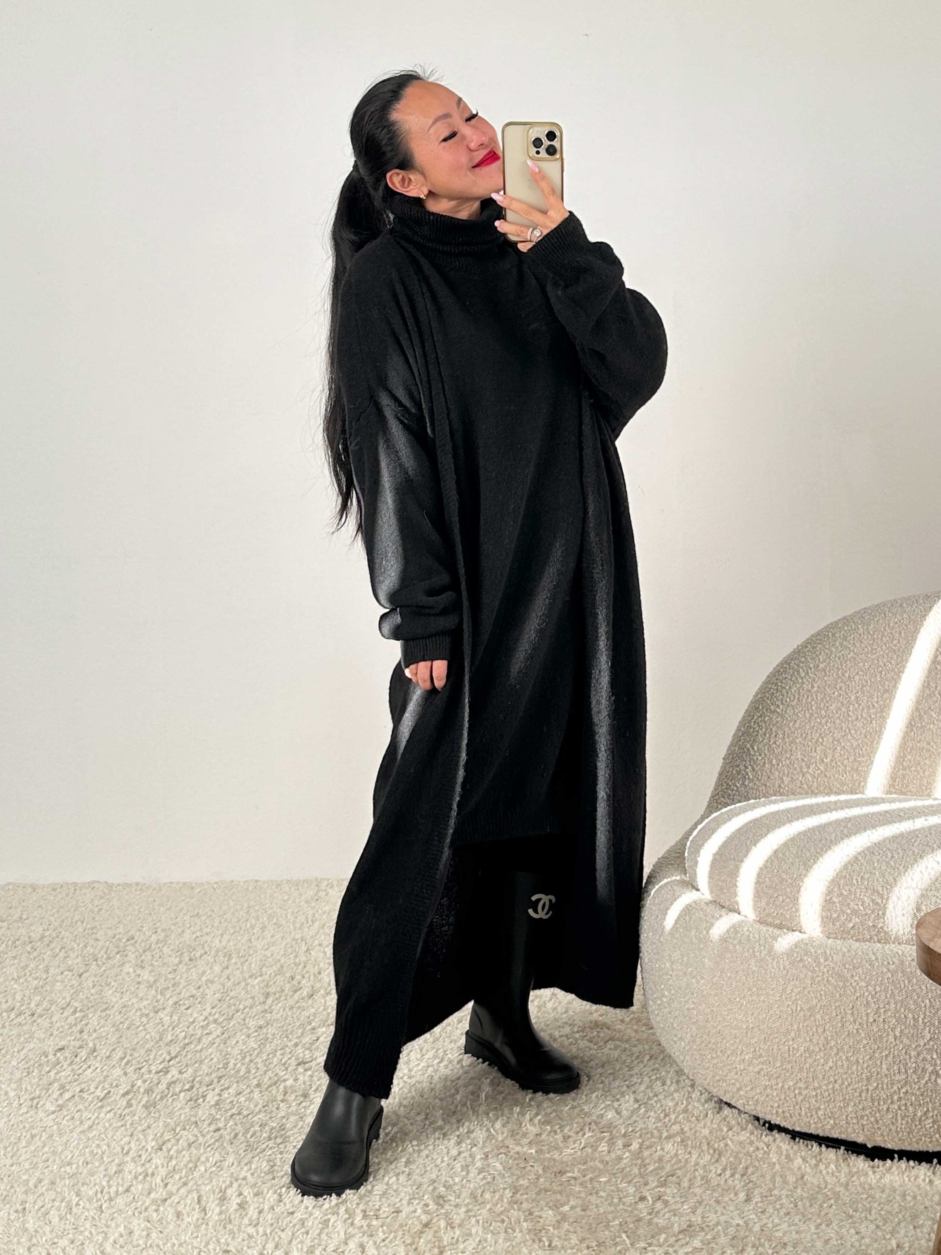 7172-Schwarz Strickjacke mit Gürtel - Schwarz