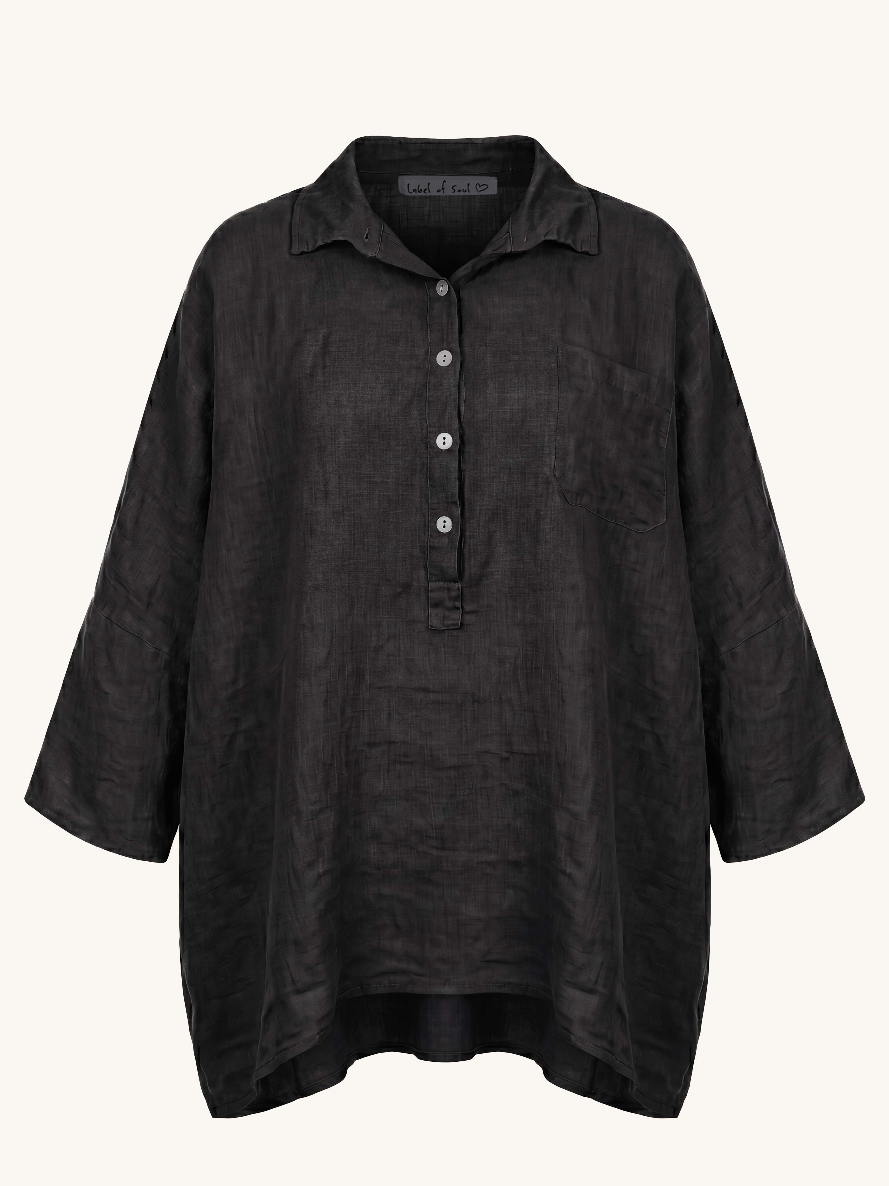 Leinen Oversize Bluse mit Seitentaschen - Schwarz