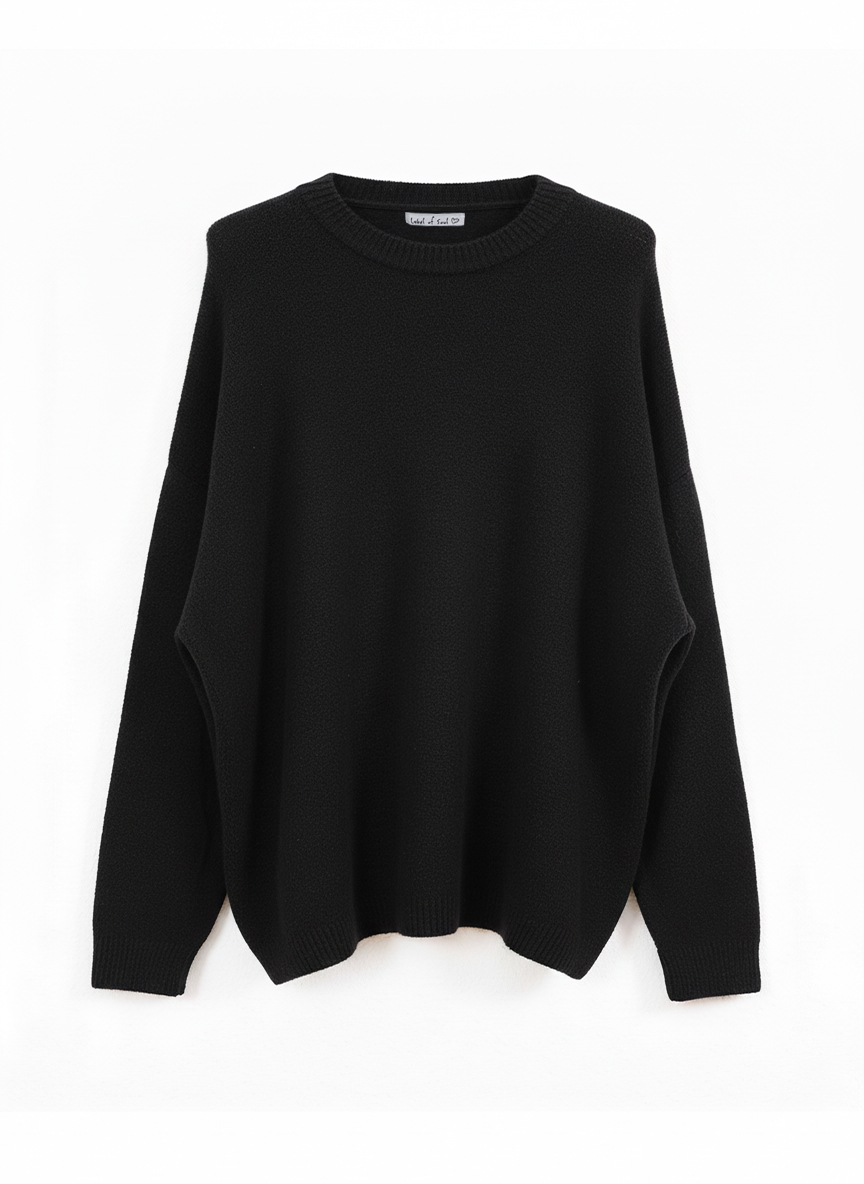 Rundhals Strickpullover mit Alpakawollanteil - Schwarz