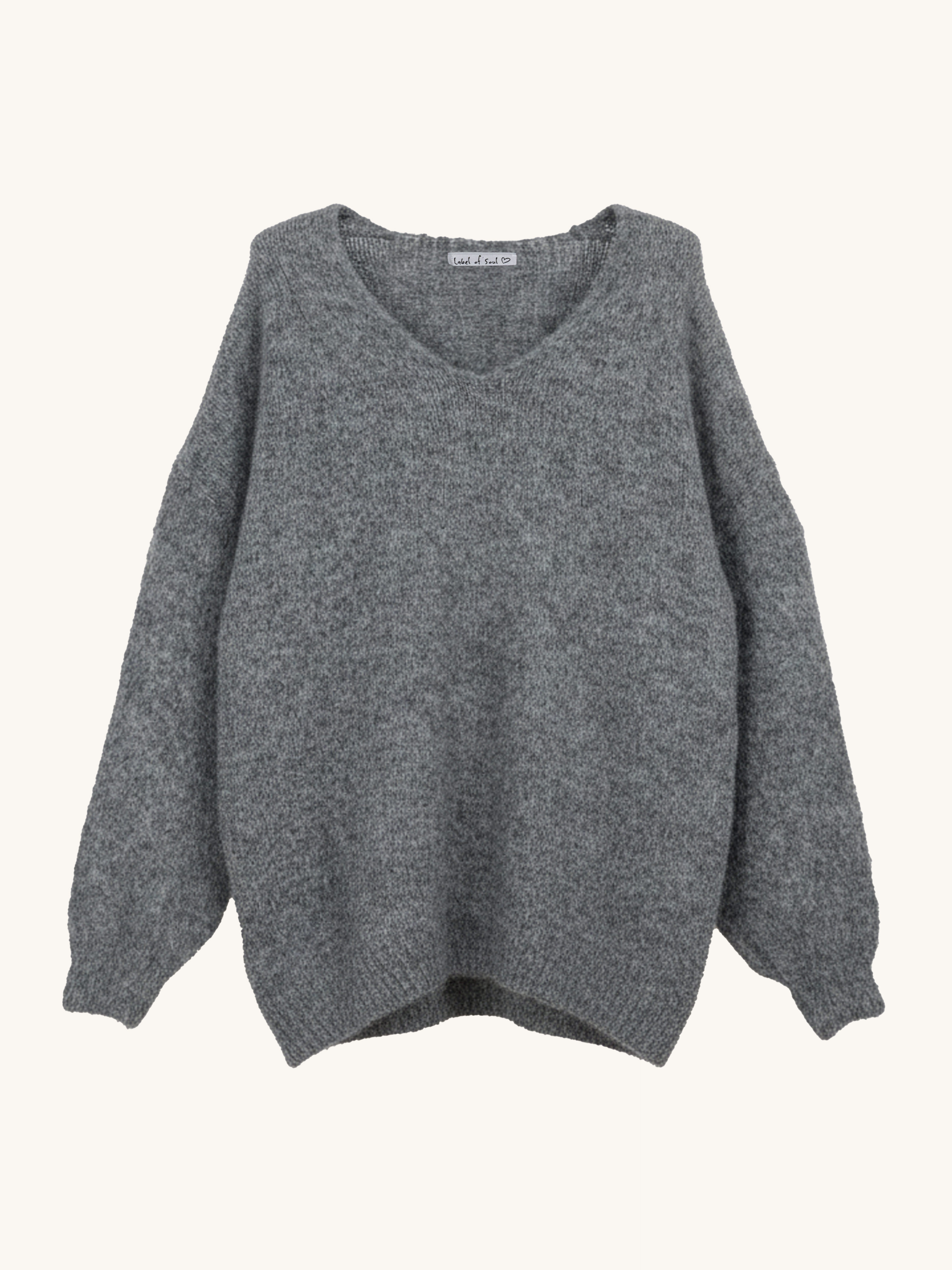 Oversize V-Ausschnitt Strickpullover mit Alpakawollanteil - Grau