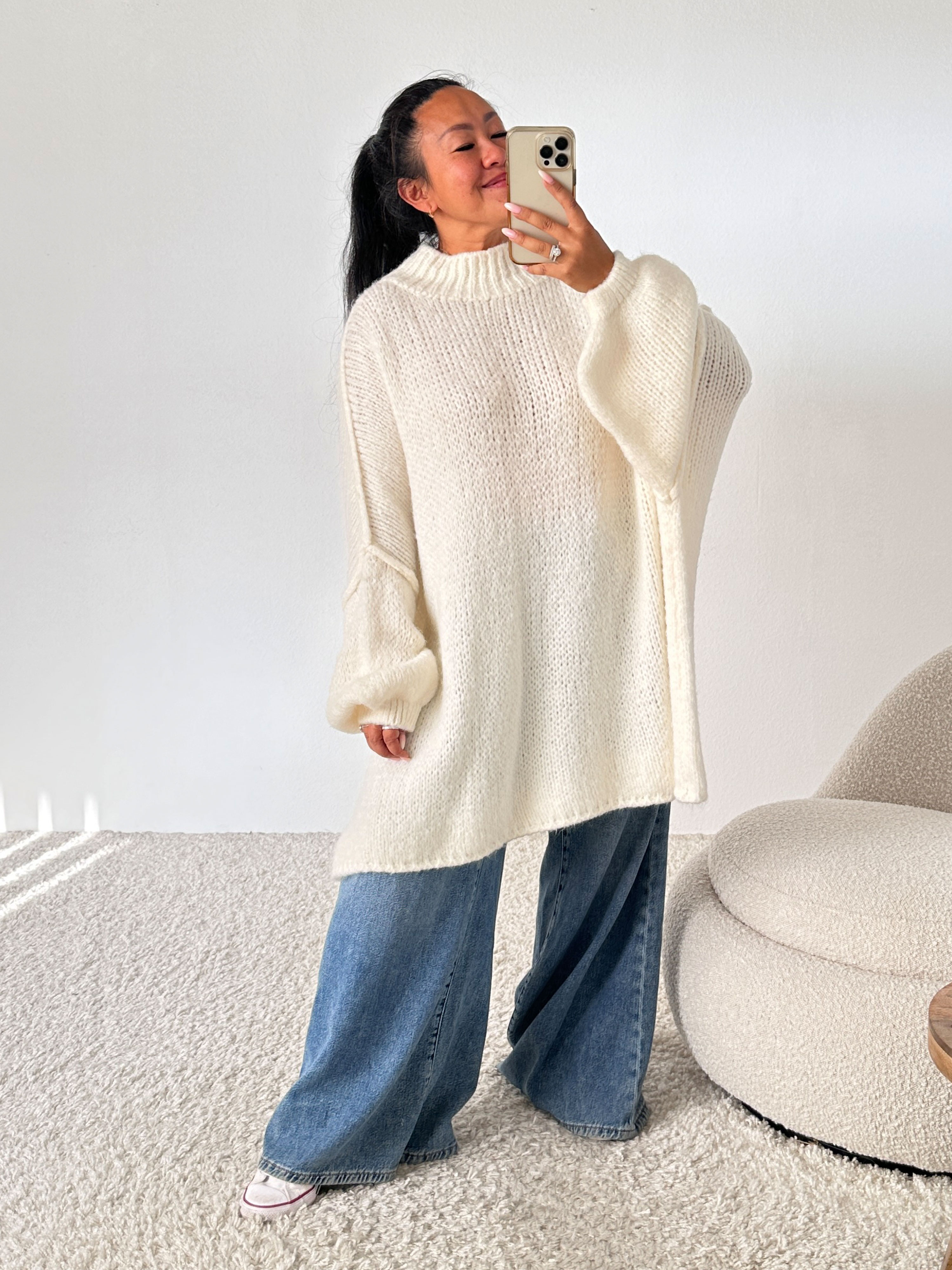 Oversize Strickpullover mit Stehkragen FLAUSCHI - TALL - Creme Oversize Strickpullover mit Stehkragen FLAUSCHI - TALL - Creme