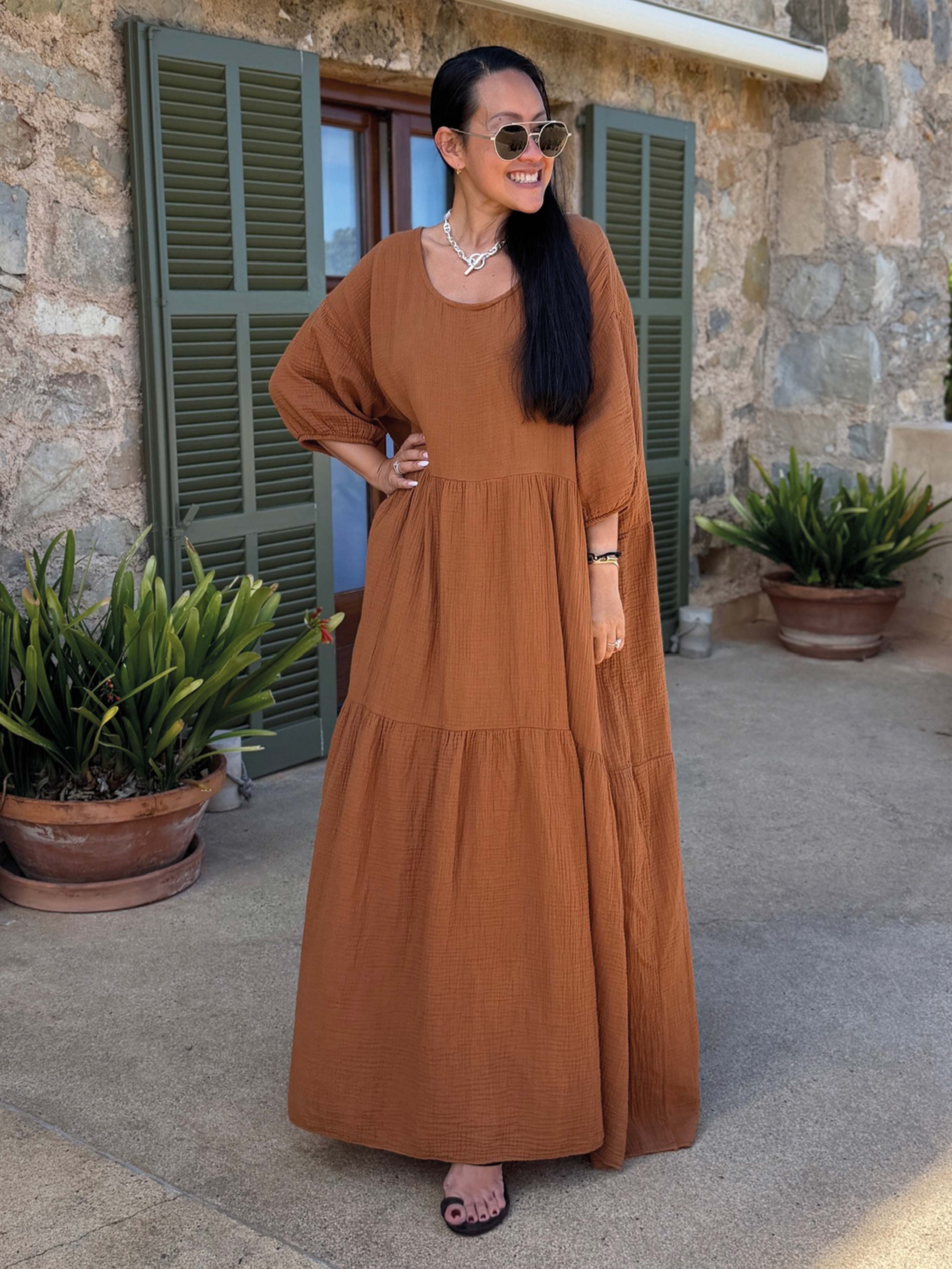 Oversize Musselin Kleid mit Rundhalsausschnitt - Cinnamon