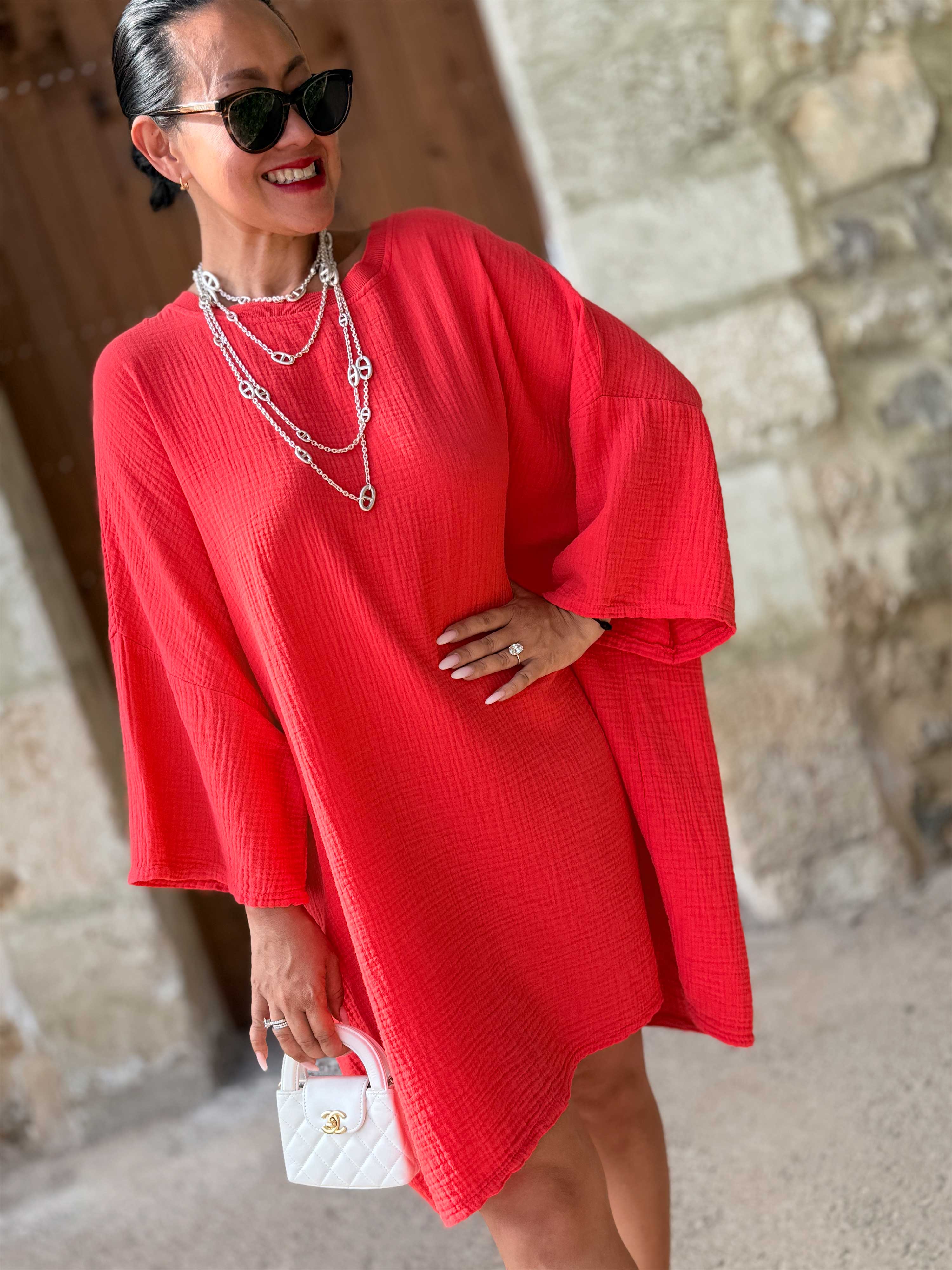Musselin Oversize Kurzarm Shirt - Watermelon