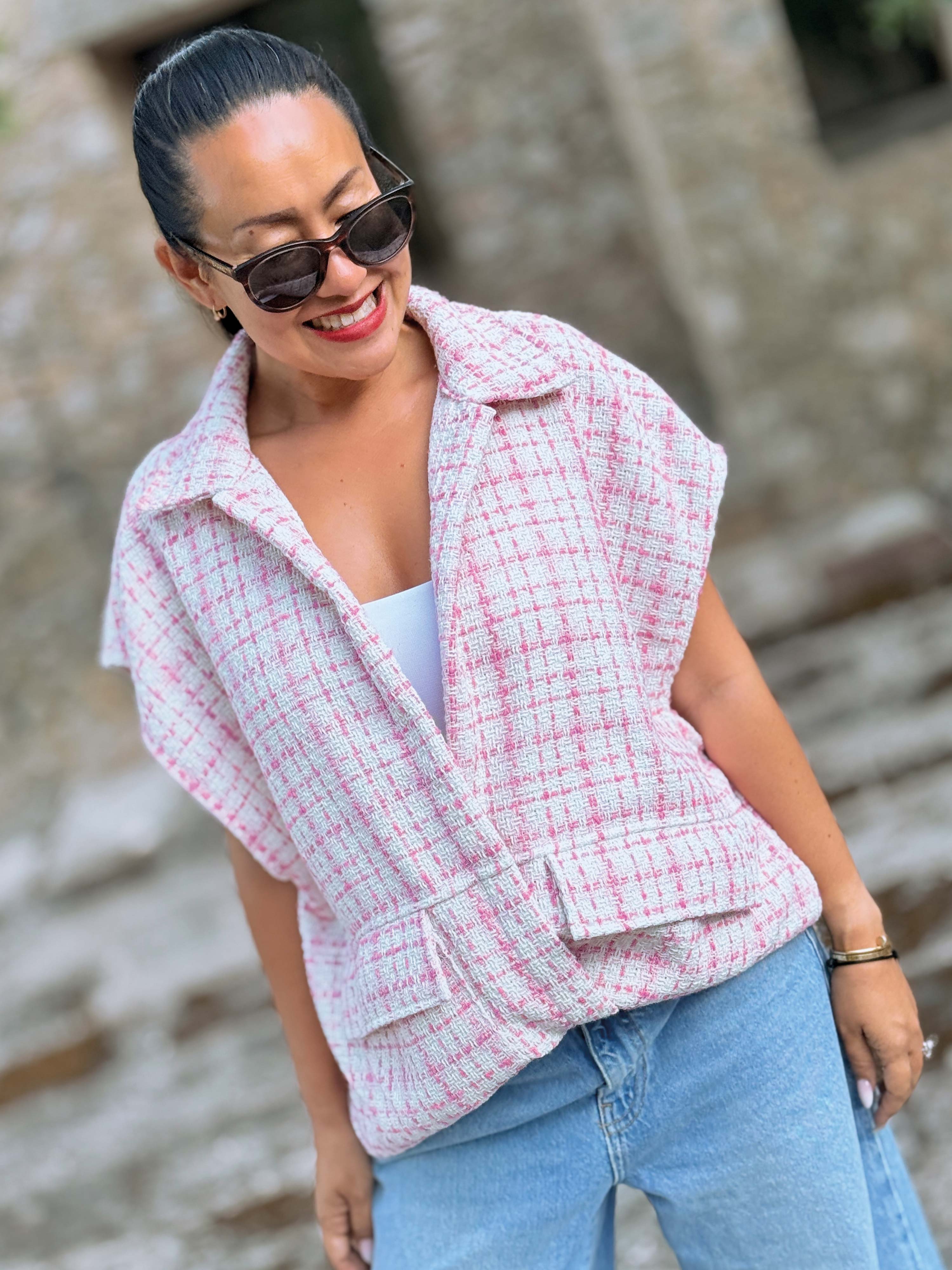Bouclé Kurzarm Weste - Rosa