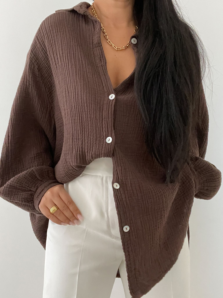 LL-00427-Schoko-2 Musselin Midi Oversize Bluse - Schoko