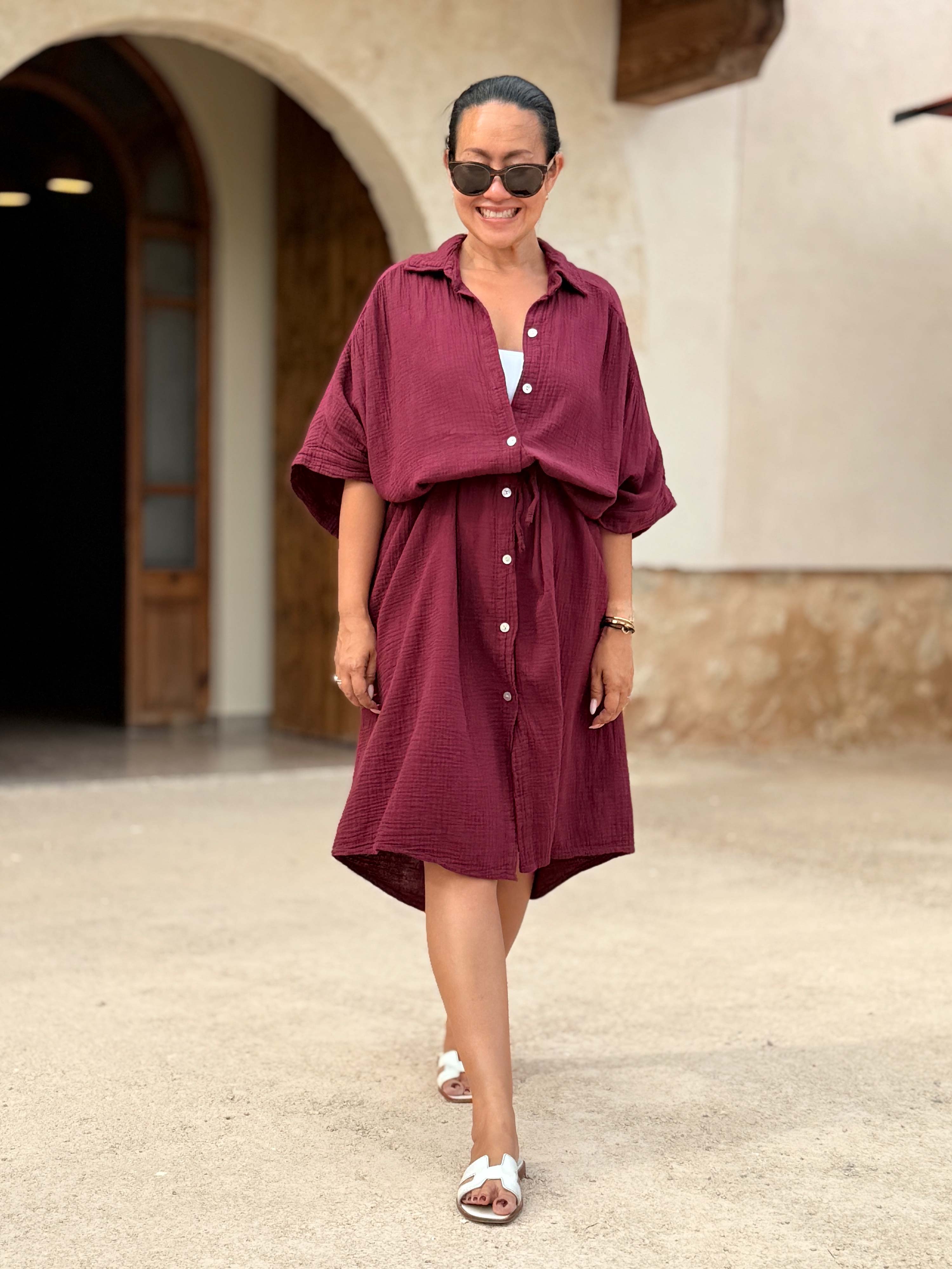 Musselin Oversize Kurzarm Blusenkleid - LANA - Burgunder