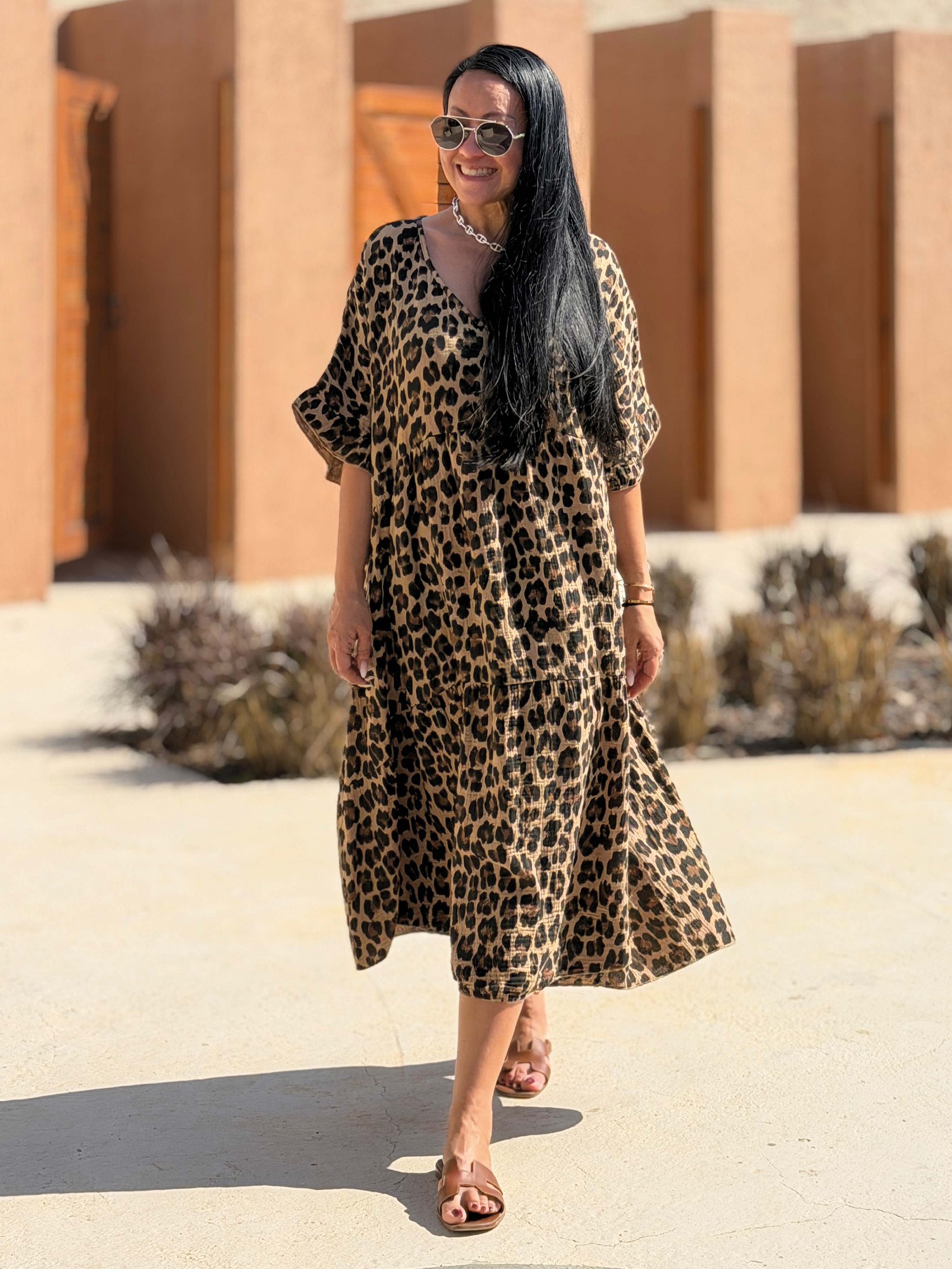 Musselin Tunika Long mit V-Ausschnitt - Leo Camel